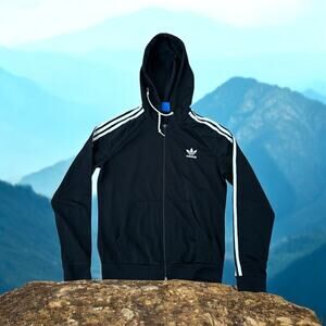 Adidas Women’s Original 3 Stripes Zipper Front Hoodie With Back Logo Black M